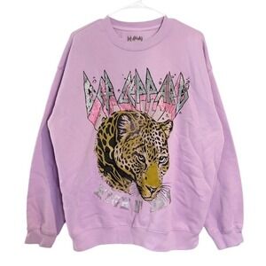 Def Leppard High N Dry Graphic Sweatshirt Purple Leopard Glitter Rock Band LARGE